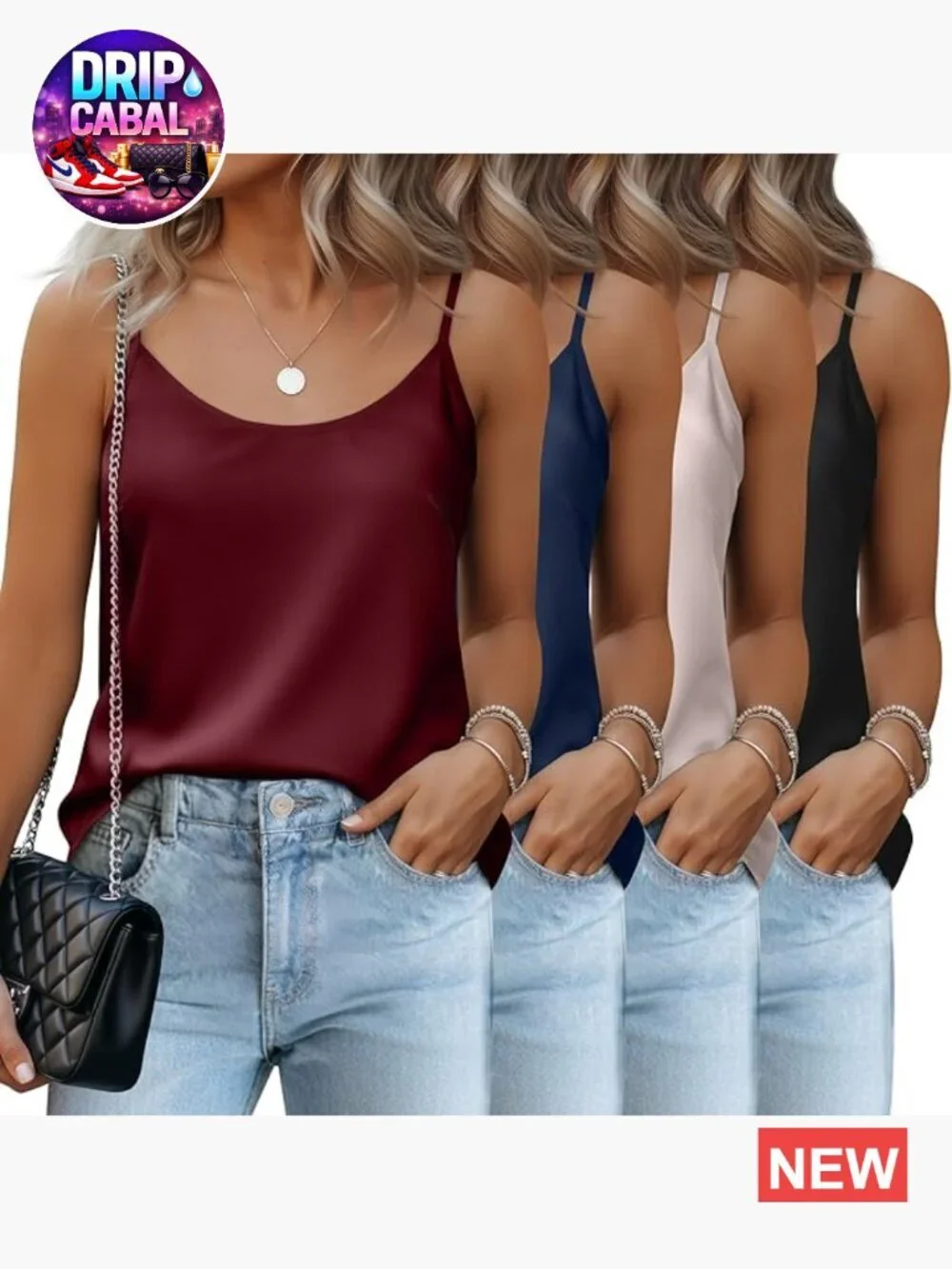 4 Pack Silk Satin Tank Tops Camisole Sleeveless Adjustable Straps Crewneck Cami